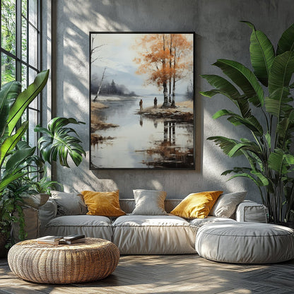 Immerse yourself in the serene beauty of this tranquil autumn scene, where the golden hues of the for Balcony