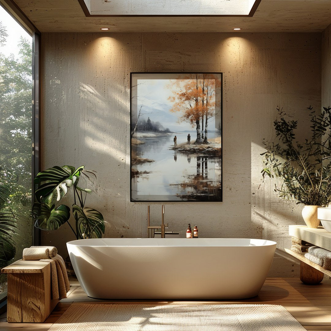 Immerse yourself in the serene beauty of this tranquil autumn scene, where the golden hues of the for Bathroom