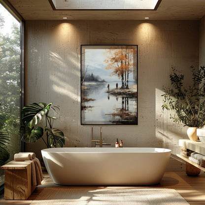 Immerse yourself in the serene beauty of this tranquil autumn scene, where the golden hues of the for Bathroom