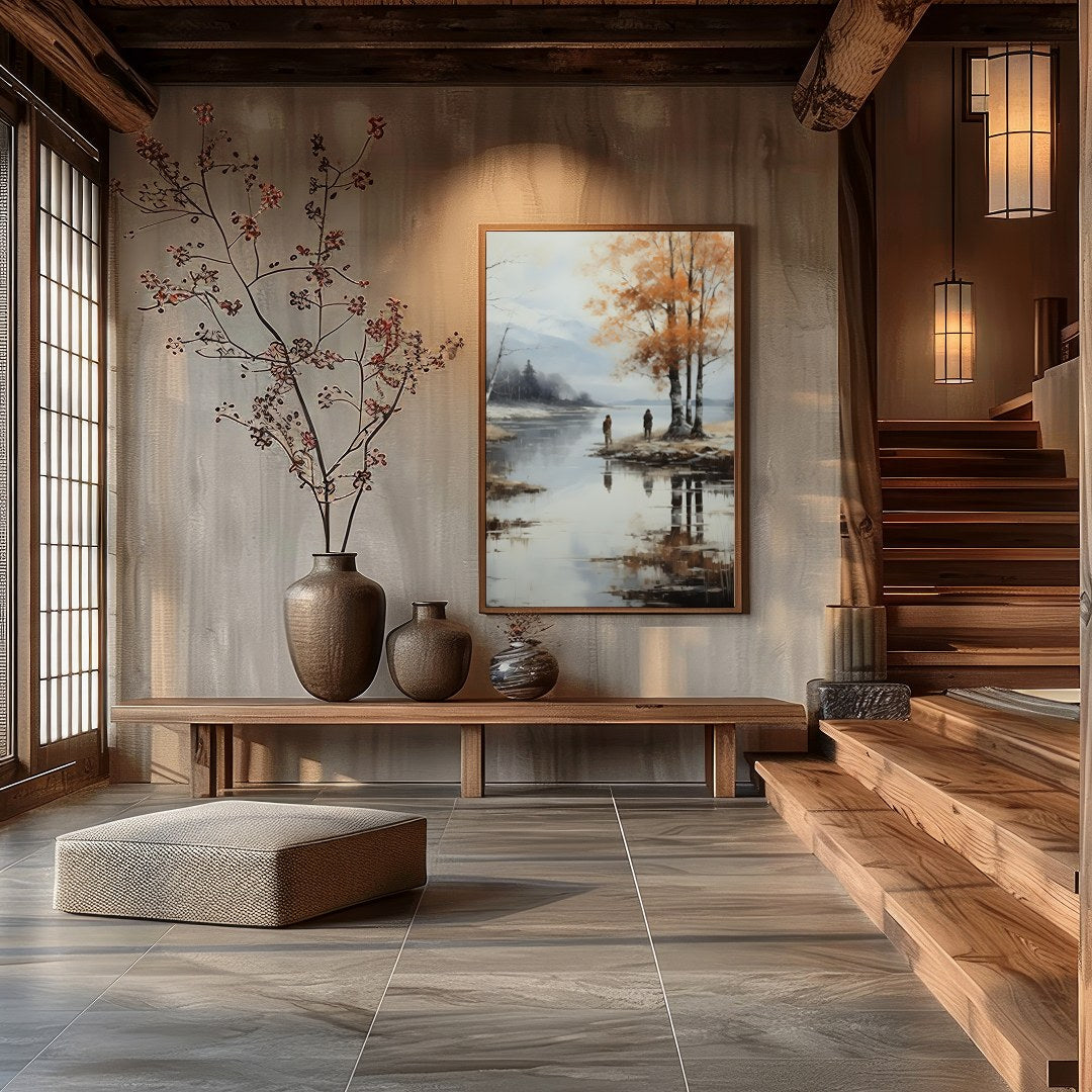 Immerse yourself in the serene beauty of this tranquil autumn scene, where the golden hues of the for Hall