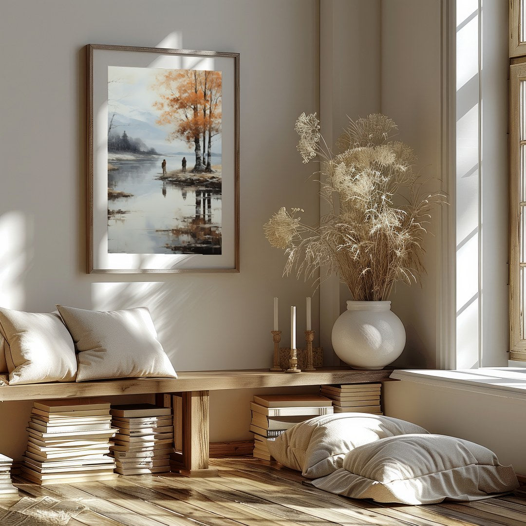 Immerse yourself in the serene beauty of this tranquil autumn scene, where the golden hues of the for house