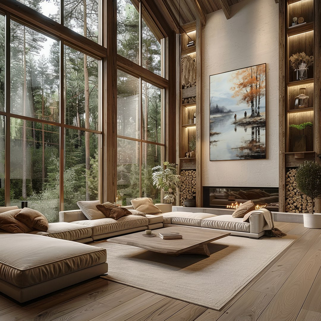 Immerse yourself in the serene beauty of this tranquil autumn scene, where the golden hues of the for Living Room