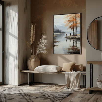Immerse yourself in the serene beauty of this tranquil autumn scene, where the golden hues of the for place