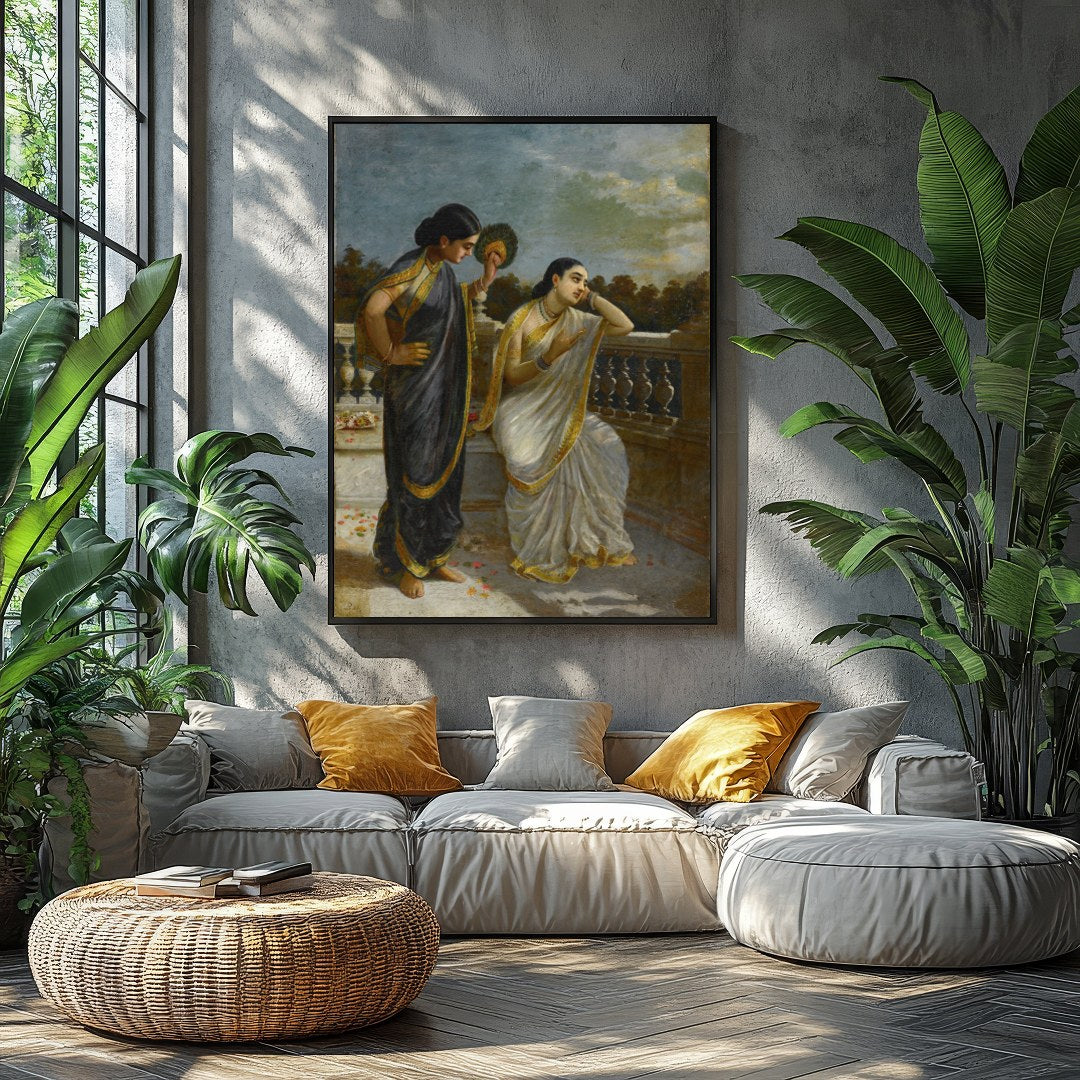 This exquisite painting captures a serene moment on a classical balcony with two elegant figures for Balcony