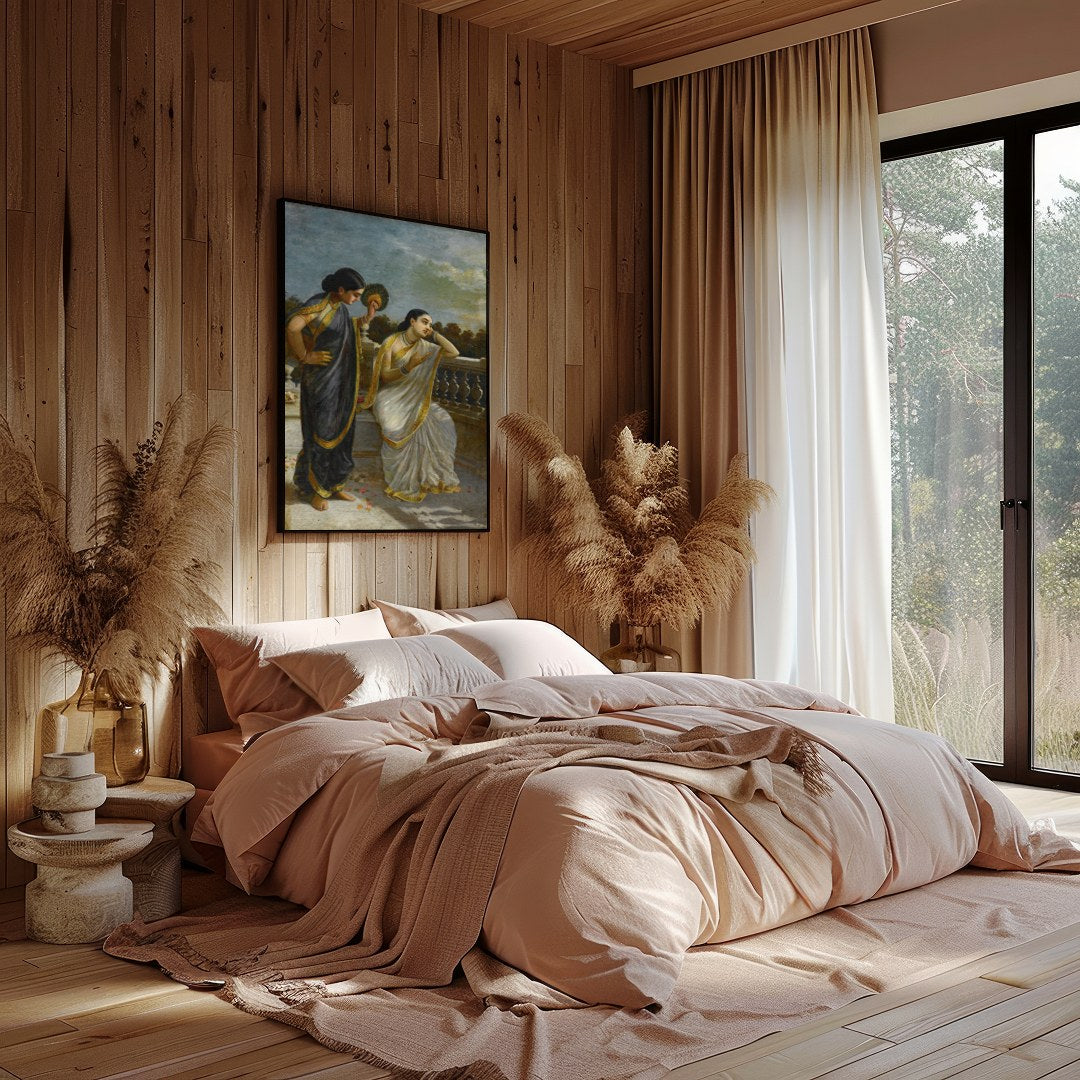This exquisite painting captures a serene moment on a classical balcony with two elegant figures for Bedroom