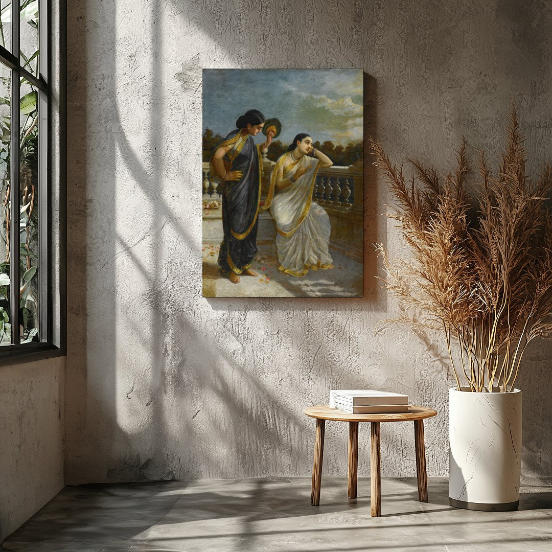 This exquisite painting captures a serene moment on a classical balcony with two elegant figures for Entrance