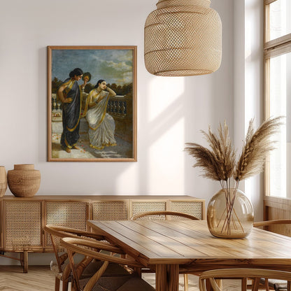 This exquisite painting captures a serene moment on a classical balcony with two elegant figures for Extra Kitchen
