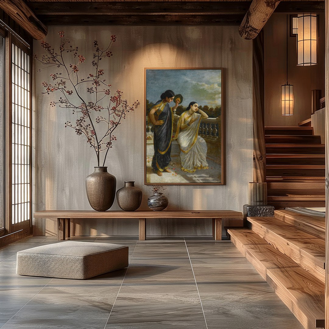 This exquisite painting captures a serene moment on a classical balcony with two elegant figures for Hall