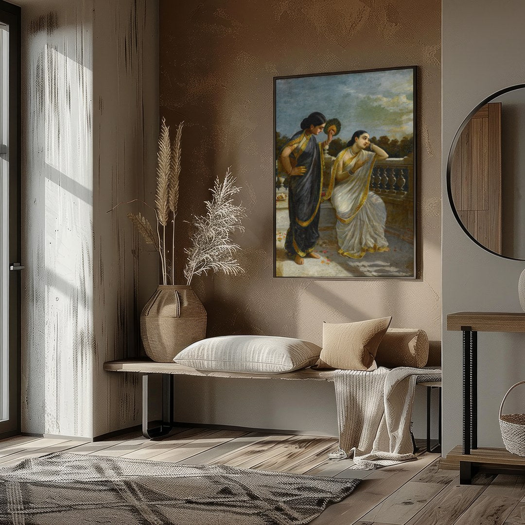 This exquisite painting captures a serene moment on a classical balcony with two elegant figures for home