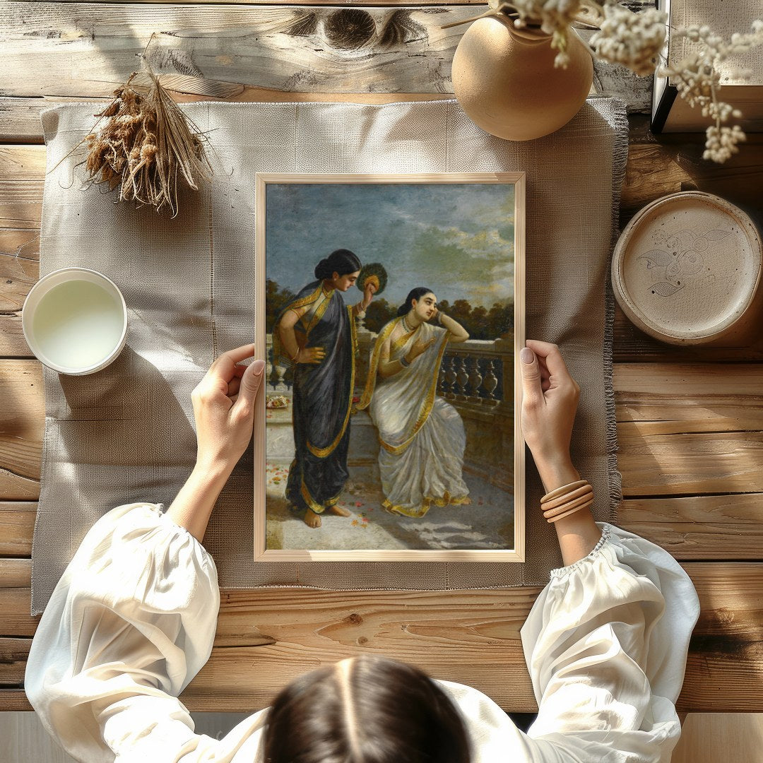 This exquisite painting captures a serene moment on a classical balcony with two elegant figures for Kitchen