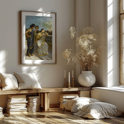 This exquisite painting captures a serene moment on a classical balcony with two elegant figures for loft