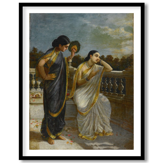 This exquisite painting captures a serene moment on a classical balcony with two elegant figures for retreat