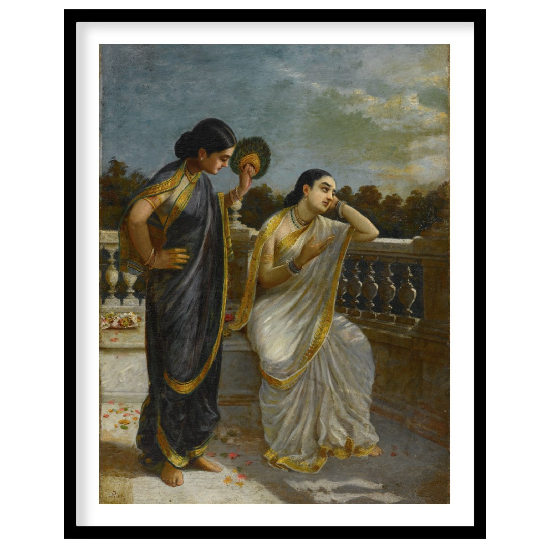 This exquisite painting captures a serene moment on a classical balcony with two elegant figures for retreat
