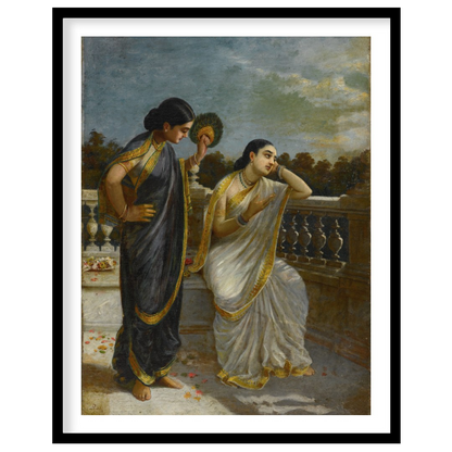This exquisite painting captures a serene moment on a classical balcony with two elegant figures for retreat