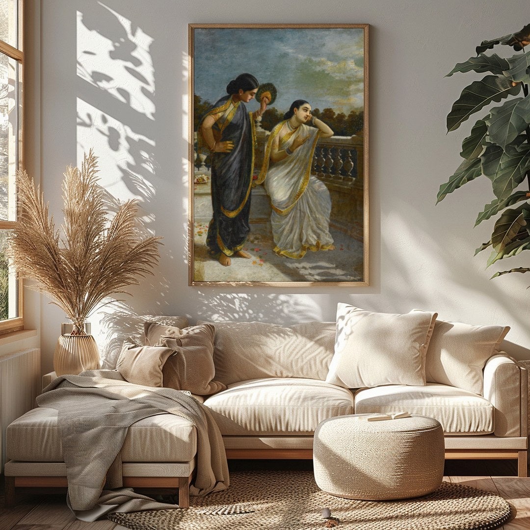 This exquisite painting captures a serene moment on a classical balcony with two elegant figures for Sitting Area