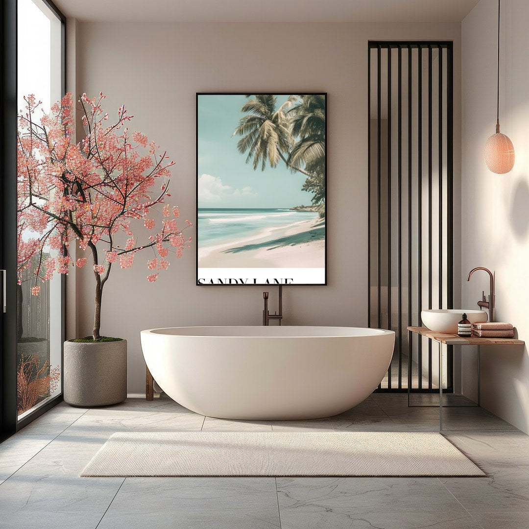 Experience the serene beauty of a Barbados beach with this stunning artwork. Featuring gentle ocean for Bathroom