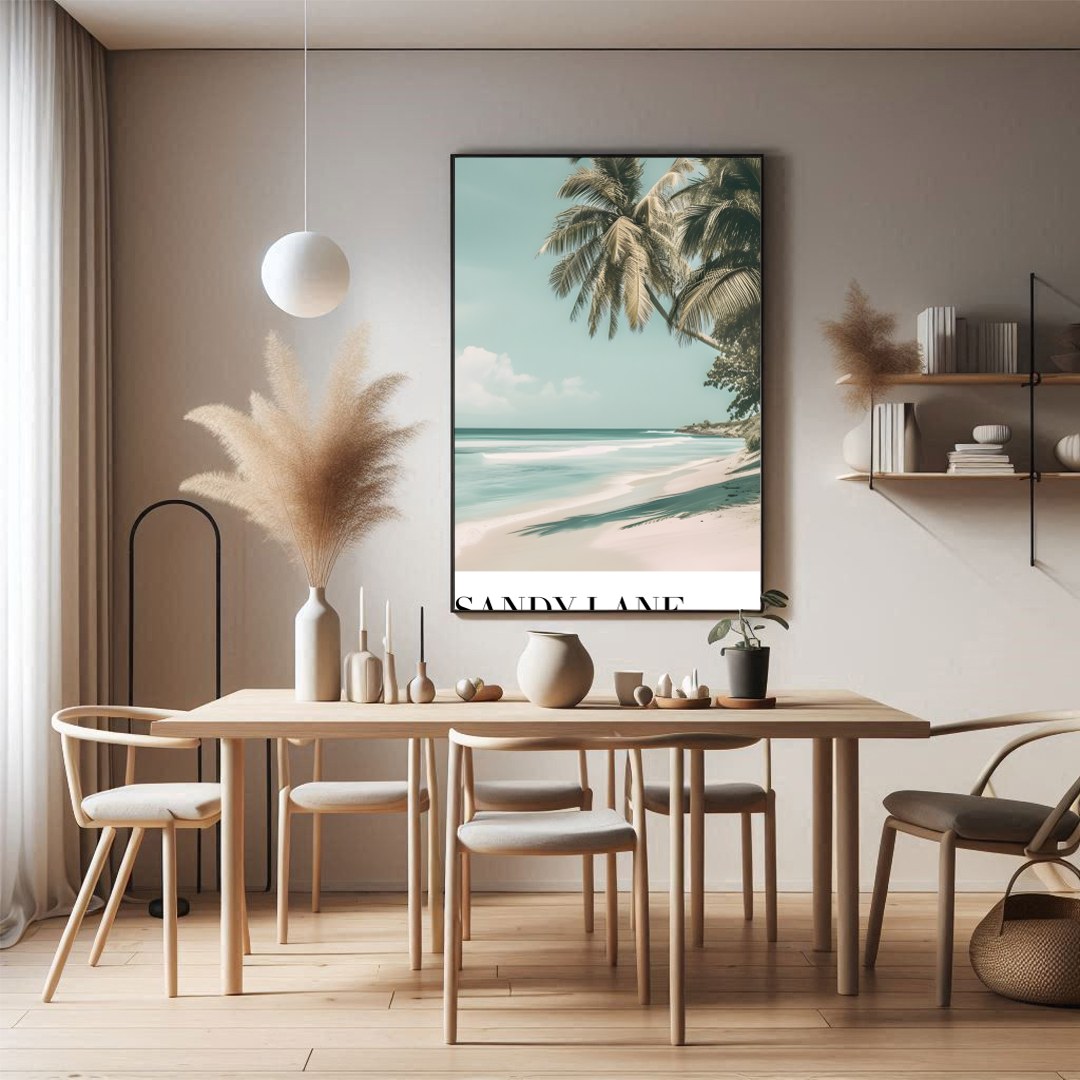 Experience the serene beauty of a Barbados beach with this stunning artwork. Featuring gentle ocean for Dining