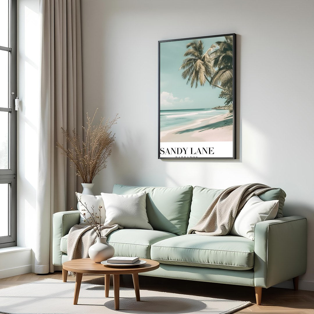 Experience the serene beauty of a Barbados beach with this stunning artwork. Featuring gentle ocean for Hall