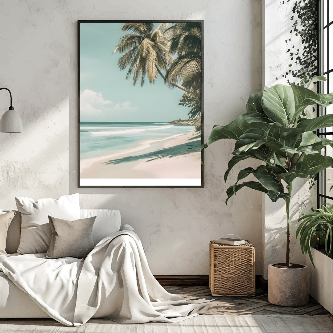 Experience the serene beauty of a Barbados beach with this stunning artwork. Featuring gentle ocean for Living Room