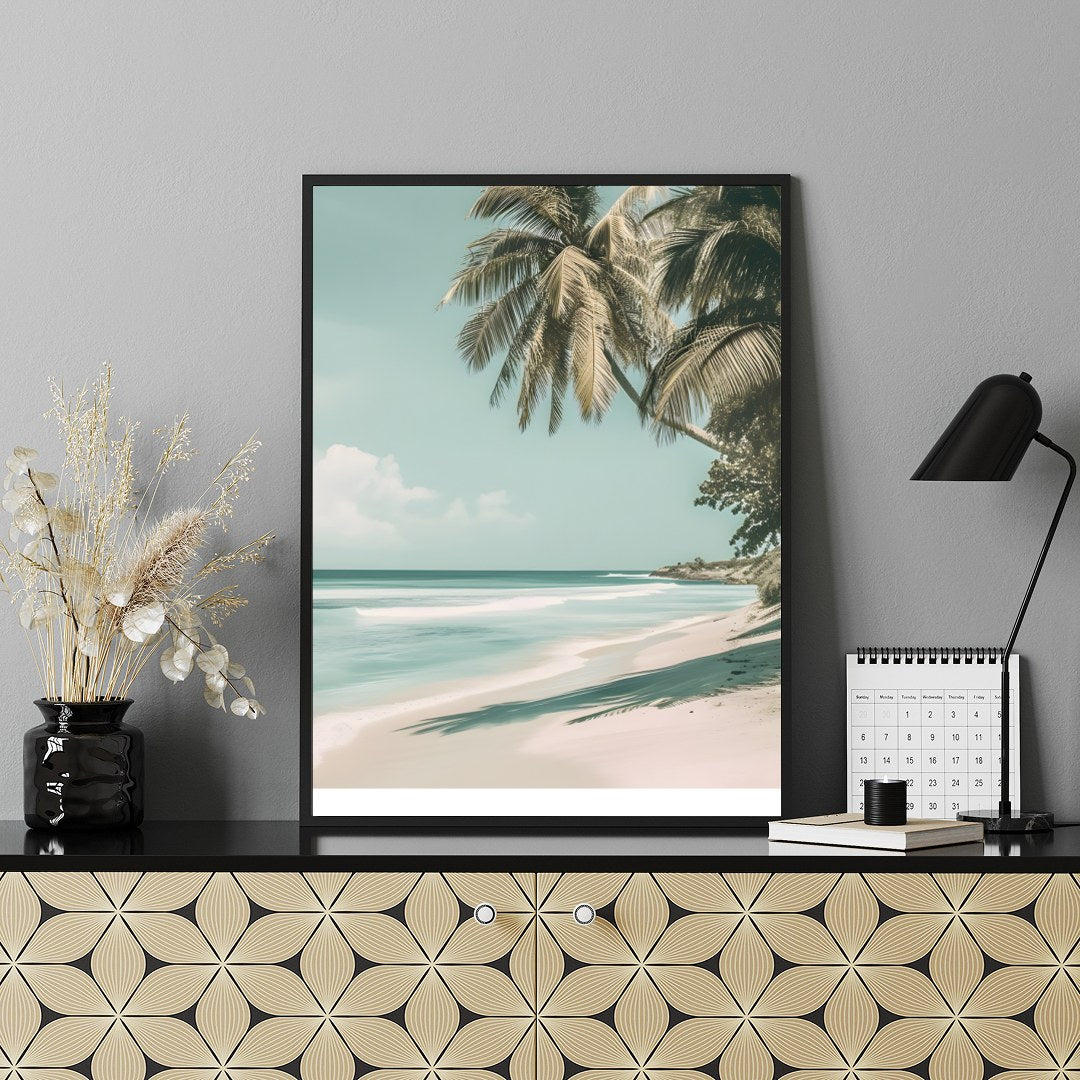 Experience the serene beauty of a Barbados beach with this stunning artwork. Featuring gentle ocean for Shelf