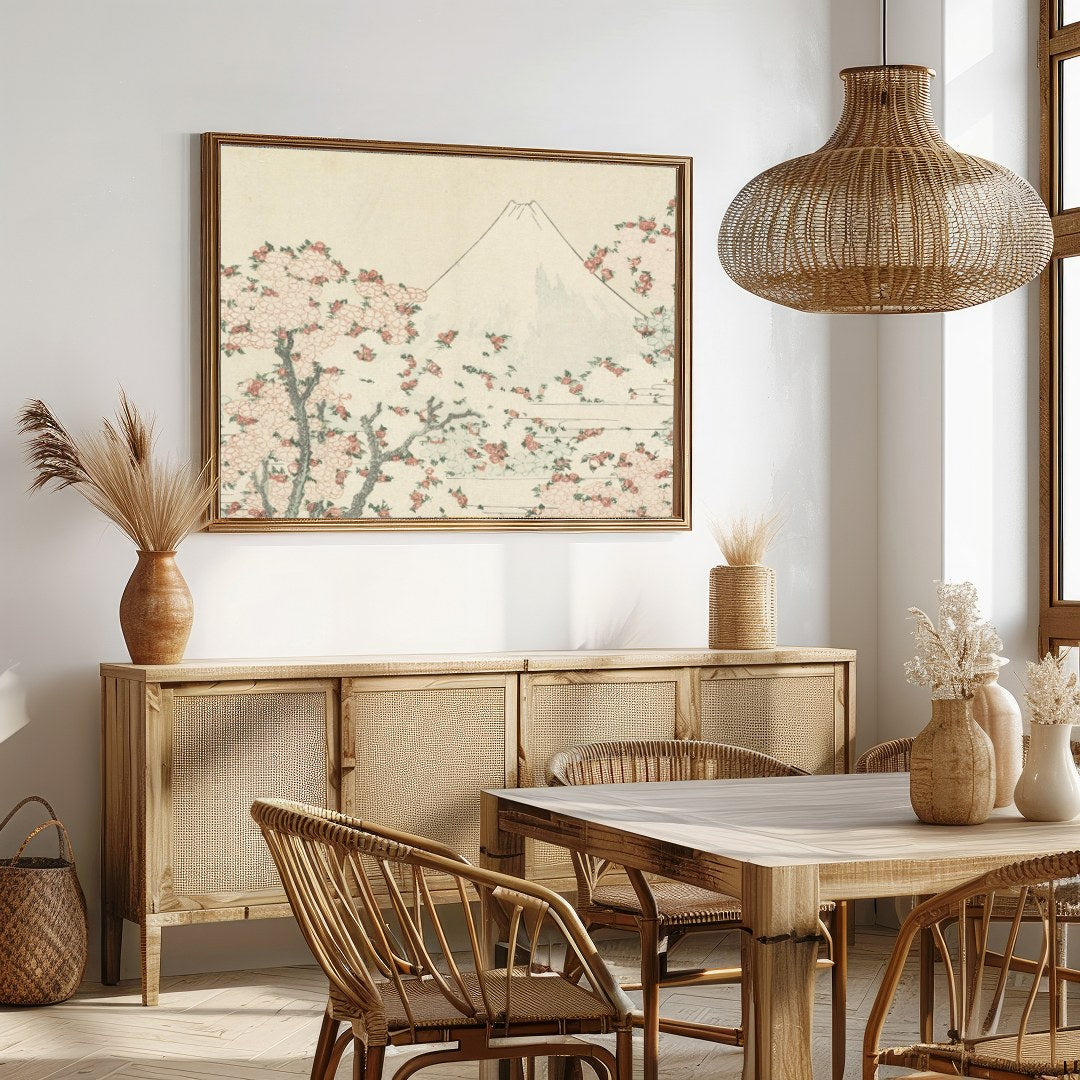 This exquisite artwork captures the serene beauty of a mountainous landscape adorned with delicate for Dining