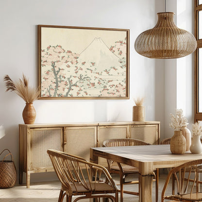 This exquisite artwork captures the serene beauty of a mountainous landscape adorned with delicate for Dining