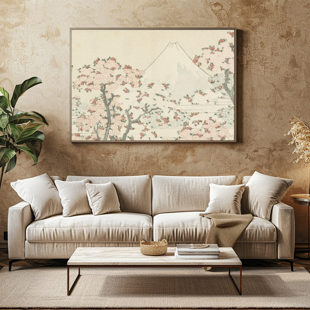 This exquisite artwork captures the serene beauty of a mountainous landscape adorned with delicate for Family Room