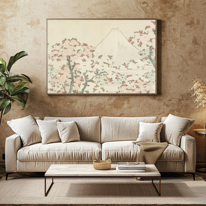 This exquisite artwork captures the serene beauty of a mountainous landscape adorned with delicate for Family Room