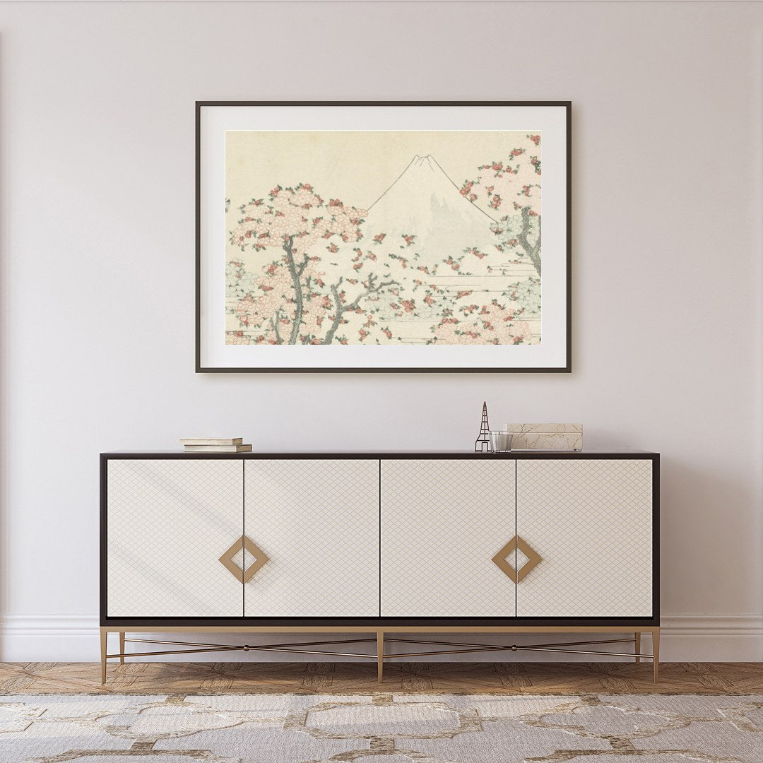 This exquisite artwork captures the serene beauty of a mountainous landscape adorned with delicate for Foyer