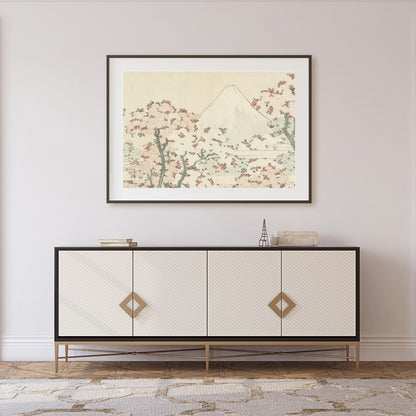 This exquisite artwork captures the serene beauty of a mountainous landscape adorned with delicate for Foyer