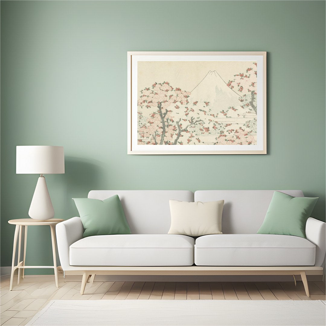 This exquisite artwork captures the serene beauty of a mountainous landscape adorned with delicate for Hall