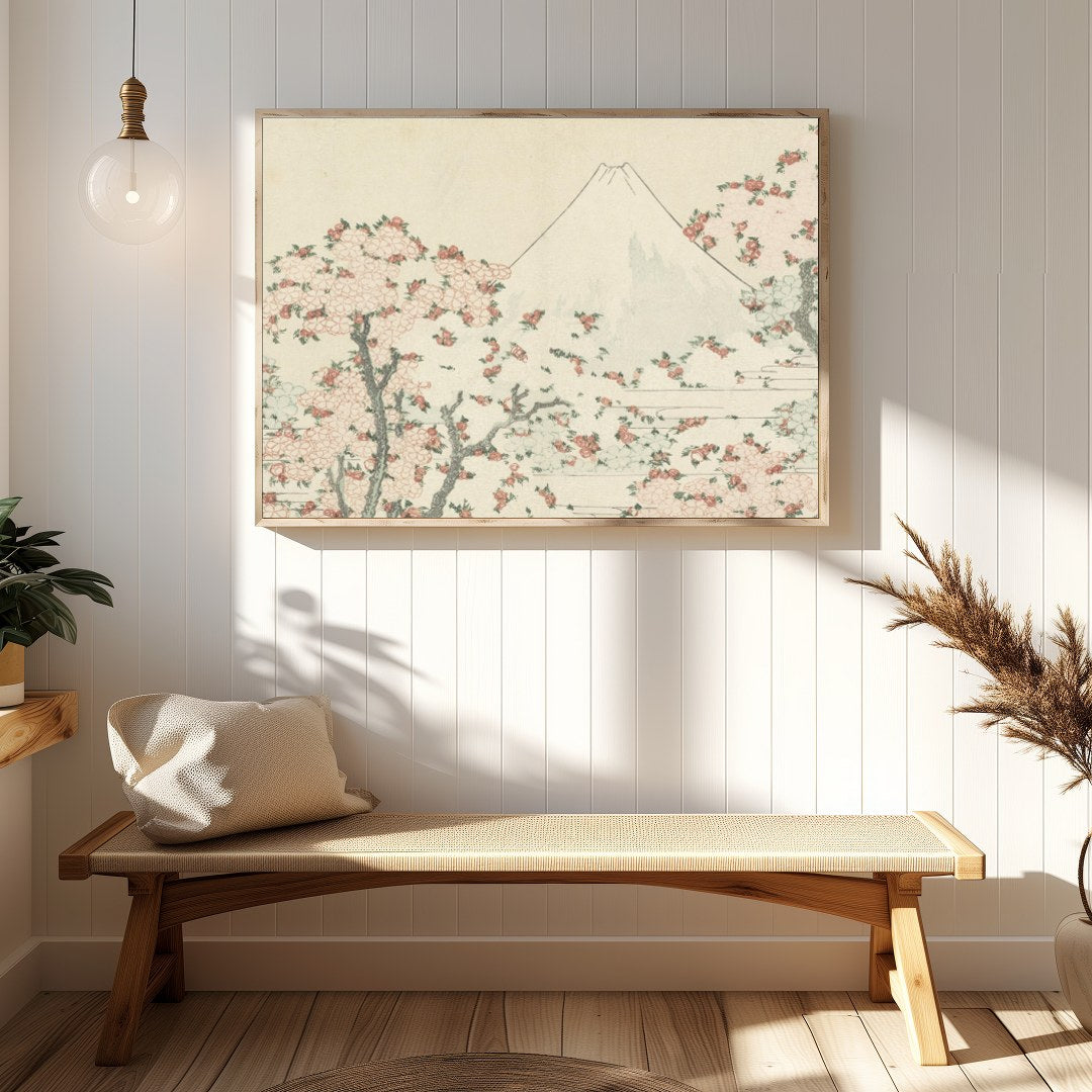 This exquisite artwork captures the serene beauty of a mountainous landscape adorned with delicate for Hallway