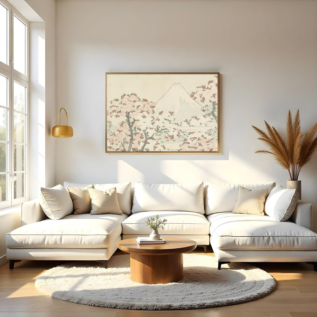 This exquisite artwork captures the serene beauty of a mountainous landscape adorned with delicate for Living Room
