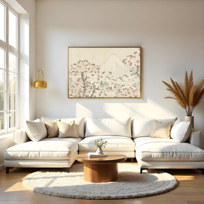 This exquisite artwork captures the serene beauty of a mountainous landscape adorned with delicate for Living Room