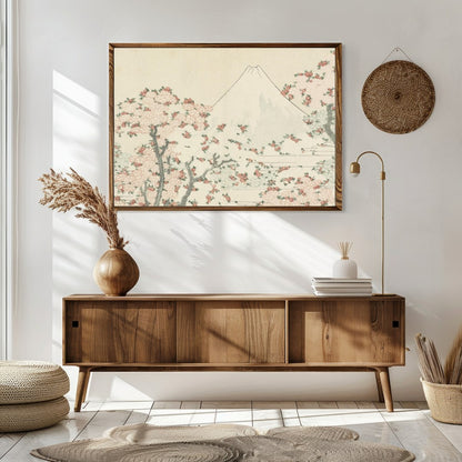 This exquisite artwork captures the serene beauty of a mountainous landscape adorned with delicate for Sitting Area