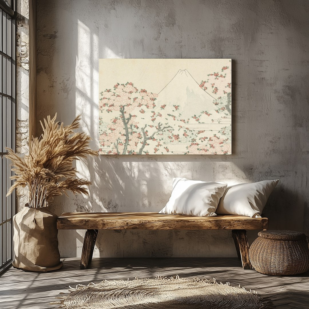This exquisite artwork captures the serene beauty of a mountainous landscape adorned with delicate for Veranda