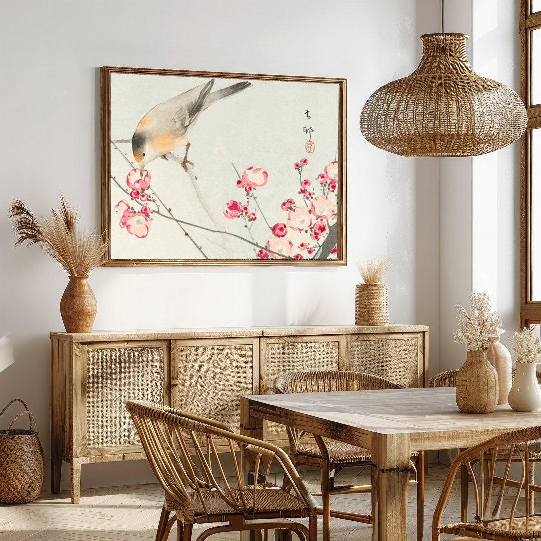 This delicate artwork captures the serenity of nature with a charming bird perched among vibrant for Dining