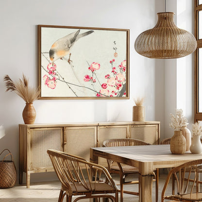 This delicate artwork captures the serenity of nature with a charming bird perched among vibrant for Dining