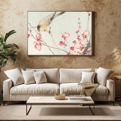 This delicate artwork captures the serenity of nature with a charming bird perched among vibrant for Family Room