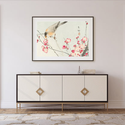 This delicate artwork captures the serenity of nature with a charming bird perched among vibrant for Foyer