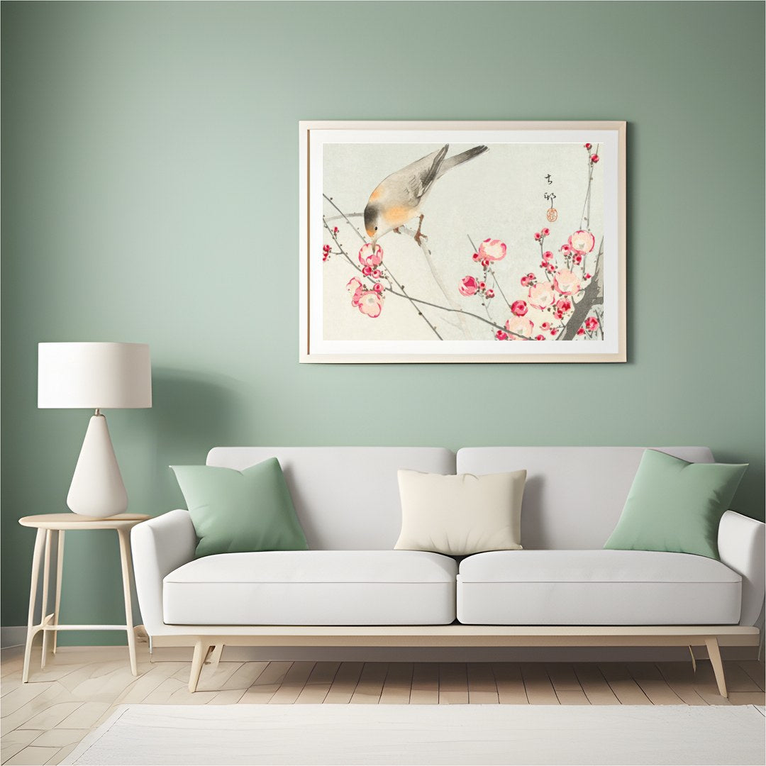 This delicate artwork captures the serenity of nature with a charming bird perched among vibrant for Hall