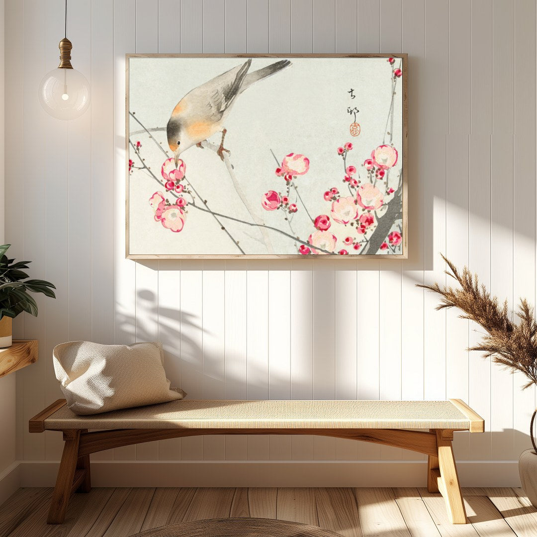 This delicate artwork captures the serenity of nature with a charming bird perched among vibrant for Hallway