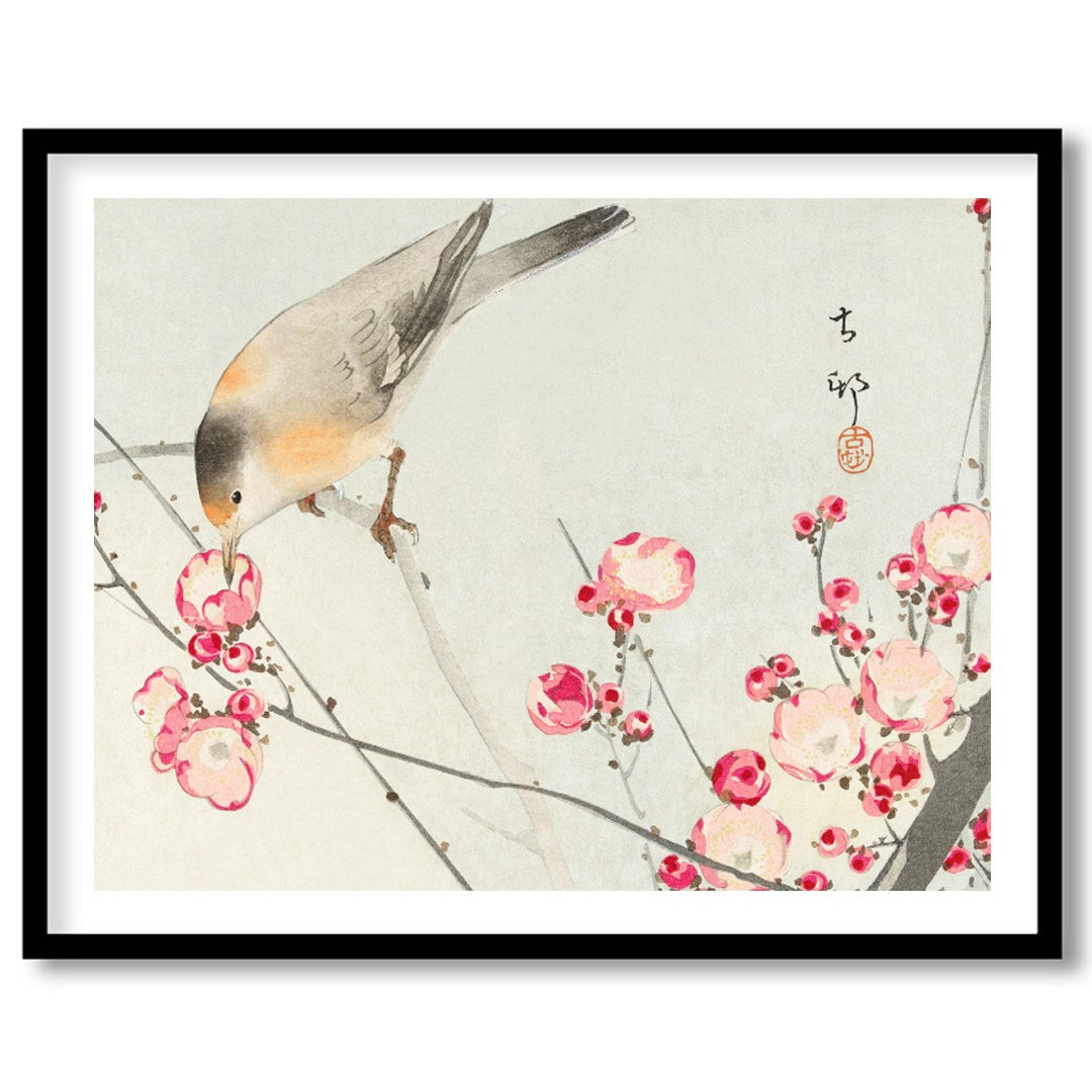 This delicate artwork captures the serenity of nature with a charming bird perched among vibrant for haven