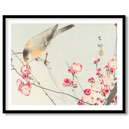 This delicate artwork captures the serenity of nature with a charming bird perched among vibrant for haven