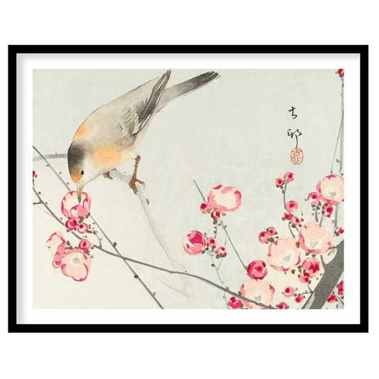 This delicate artwork captures the serenity of nature with a charming bird perched among vibrant for haven