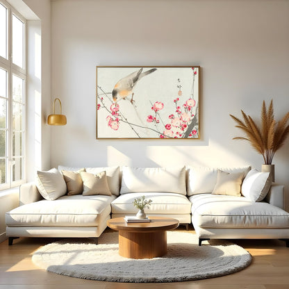 This delicate artwork captures the serenity of nature with a charming bird perched among vibrant for Living Room