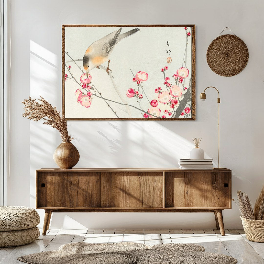 This delicate artwork captures the serenity of nature with a charming bird perched among vibrant for Sitting Area