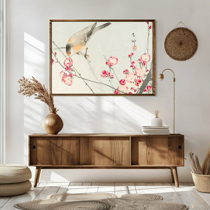 This delicate artwork captures the serenity of nature with a charming bird perched among vibrant for Sitting Area
