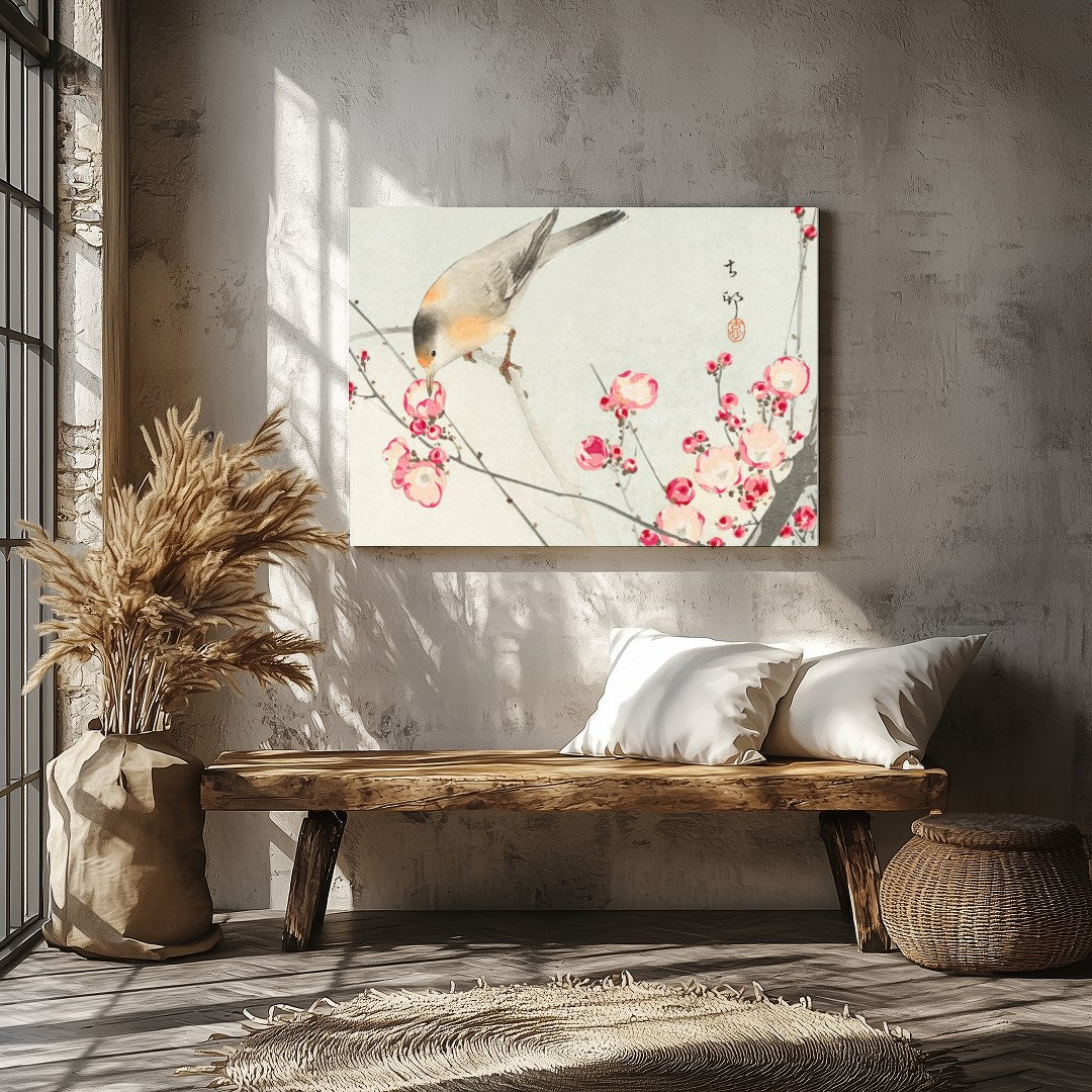 This delicate artwork captures the serenity of nature with a charming bird perched among vibrant for Veranda