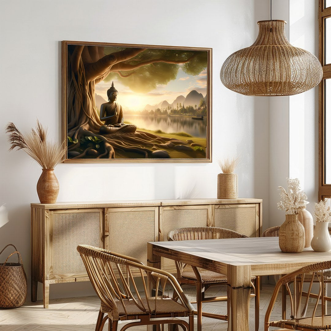 Embrace the serene beauty of this captivating artwork featuring a Buddha statue peacefully seated for Dining